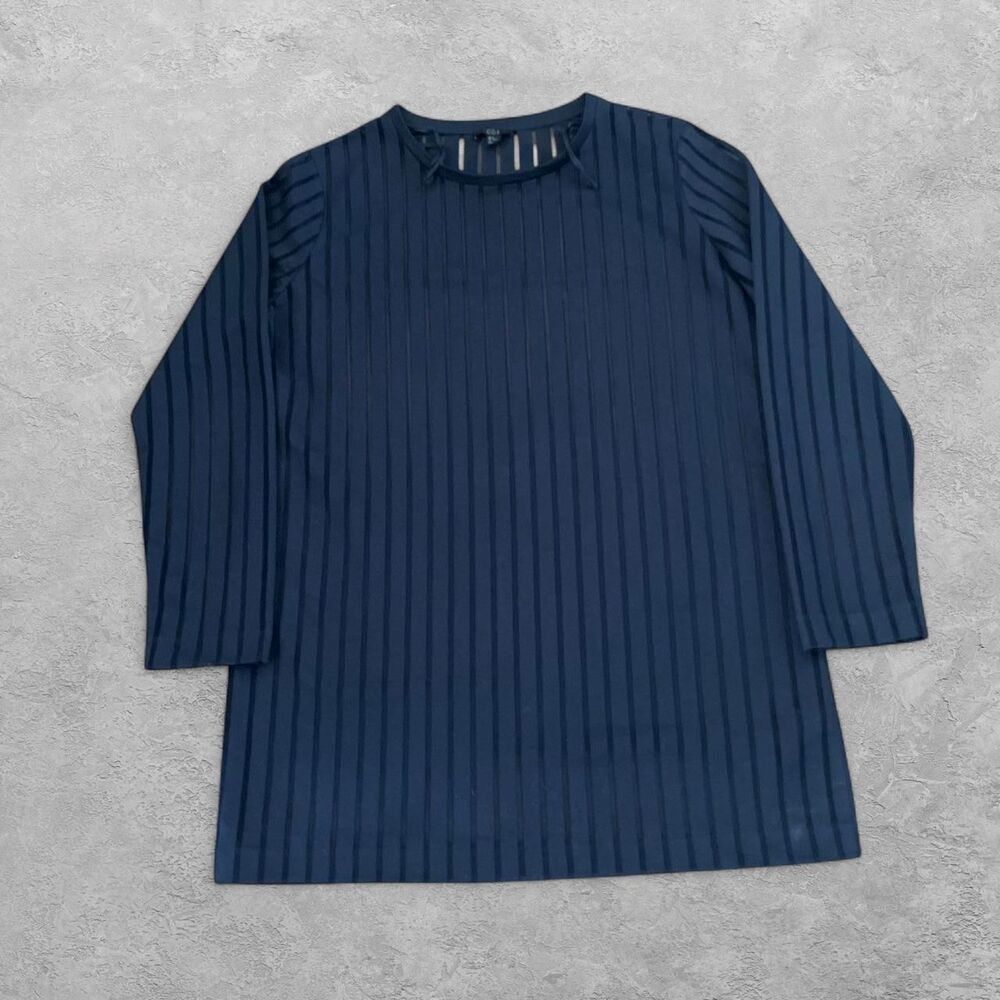 COS Sheer Striped Navy Longline Knit Top M Ribbon Cutout Neck